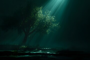 Obraz premium A lone tree stands tall in the darkness of an ancient forest, its leaves shimmering with green light as rays
