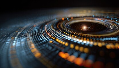 Abstract swirling concentric circles of light and dark, with glowing points