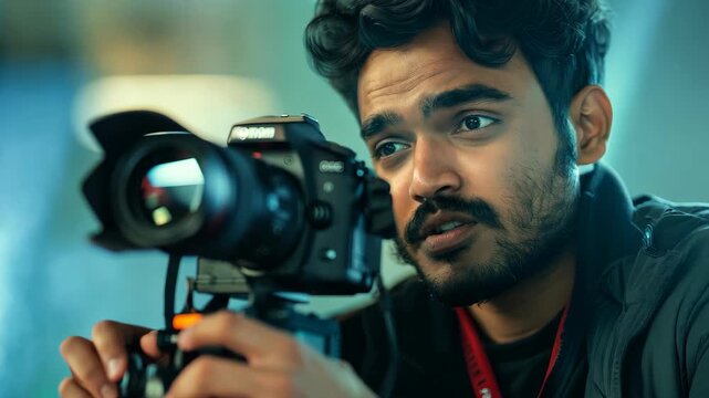 A focused male photographer captures a striking moment with a DSLR camera in a well-lit studio. The concentration on his face reflects his passion for the art of photography.