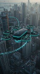 Futuristic Drone with Six Rotors Flying Over City Skyline at Dusk