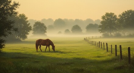 Horse Grazing Peacefully in Dusk Farm Field