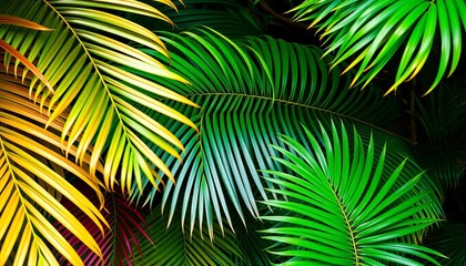 Fototapeta premium Vibrant tropical palm leaves in various shades of green, creating a lush summer background, abstract, greenery