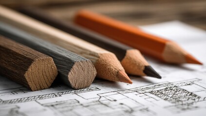 Close-up of colored pencils on architectural blueprint