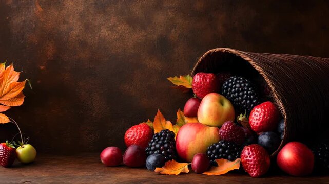 A stunning cornucopia brimming with a variety of fresh autumn fruits and succulent berries, perfect for seasonal decorations and culinary inspiration.