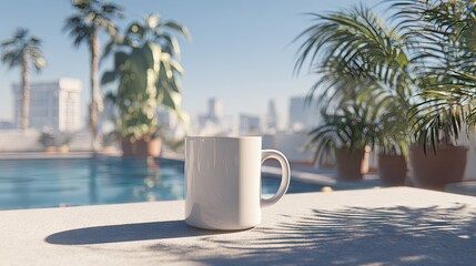 White mug on rooftop patio overlooking city pool