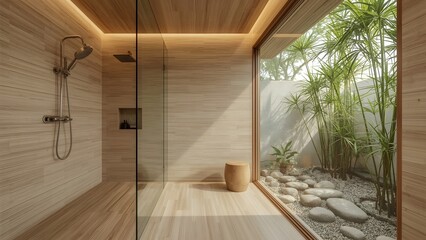 Modern bathroom with outdoor shower and lush greenery