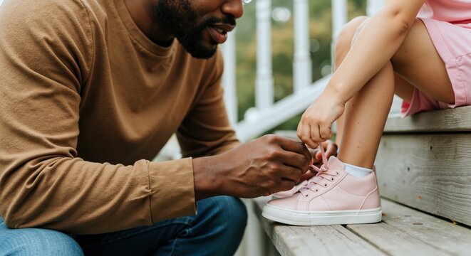 African american father helping daughter tie pink sneakers on wooden deck outdoors. Caring dad assisting child with shoe laces in natural setting. Parenting and childhood development concept - Powered by Adobe