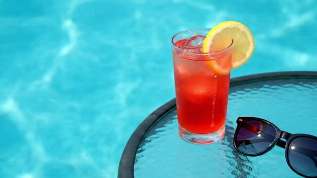 A red drink with a lemon slice sits on a glass table next to black sunglasses by a pool