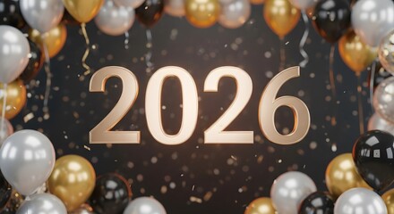 Celebration of 2026 with Gold Numbers and Balloons