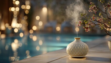 Aromatic diffuser by poolside at dusk.  Soft, warm light bathes a cream-colored, ornate diffuser, emitting steam.  Blurred background shows a pool, twinkling lights, and flowering branches