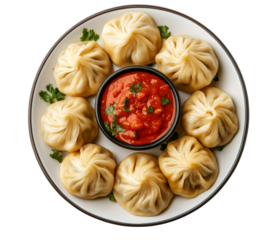 Delicious plate of momos served with a spicy red sauce for a tasty food photograph transparent background