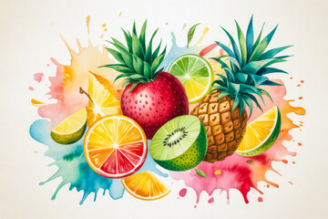 Vibrant tropical fruits with colorful watercolor splashes