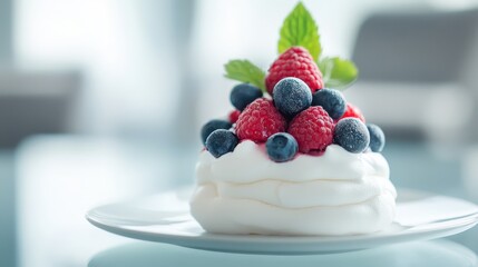 Delicious pavlova dessert garnished with fresh raspberries blueberries and mint on a plate
