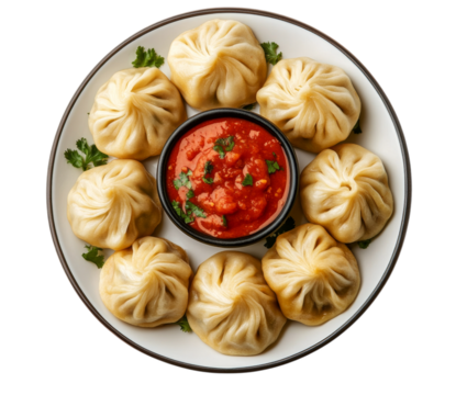 Delicious plate of momos served with a spicy red sauce for a tasty food photograph transparent background