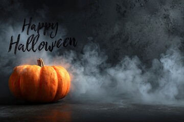 An orange pumpkin sits near smoky wisps beneath the text Happy Halloween