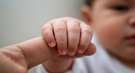 Baby hand grasping adult finger tender moment bonding connection love trust. Newborn tiny fingers holding parent touch family relationship care protection. Parent child bond concept