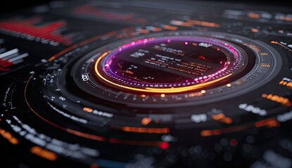Digital display with concentric circles, glowing rings, and data visualizations
