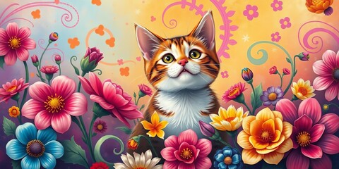 Whimsical cat amidst blooming flowers and swirling patterns, vibrant colors,  playful,  illustration