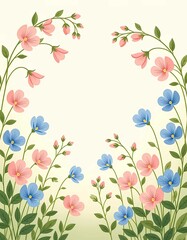 Floral illustration with pink and blue flowers, green leaves, decorative composition