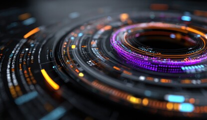 Circular interface with glowing rings and data.  Abstract, futuristic, and high-tech design