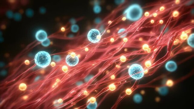 Dynamic infographic style footage illustrating sudden electrolyte spikes following cancer cell lysis with pulsating bright colored ions flowing through vessels.