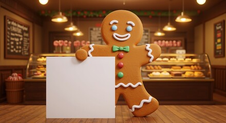 Gingerbread man character holding blank white sign bakery cafe background promotional display. Cookie mascot festive message board christmas decoration holiday marketing. Christmas bakery concept