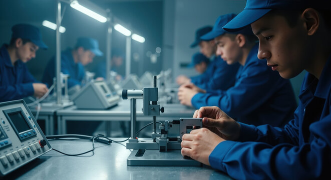 Technical students blue uniforms precision instruments laboratory training educational environment microscopes equipment. Engineering apprentices working mechanical devices vocational school