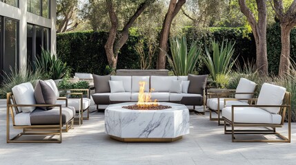 A stylish outdoor lounge with metallic furniture, a marble fire pit, and geometric planters for modern elegance