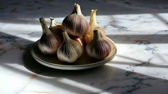 Fresh garlic bulbs arranged on a plate, casting shadows on a marble countertop