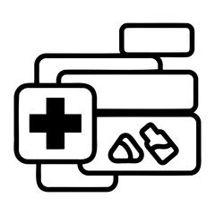 Illustration of a first aid kit with medical supplies in black and white