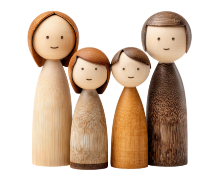 Set of wooden family figurines in minimalist style, isolated on transparent cutout background