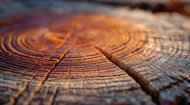 Close-up of a tree stump's cross-section, showcasing concentric growth rings.  Warm, golden light highlights the wood's texture