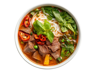 A delicious bowl of authentic vietnamese pho bo with fresh herbs and spices transparent background