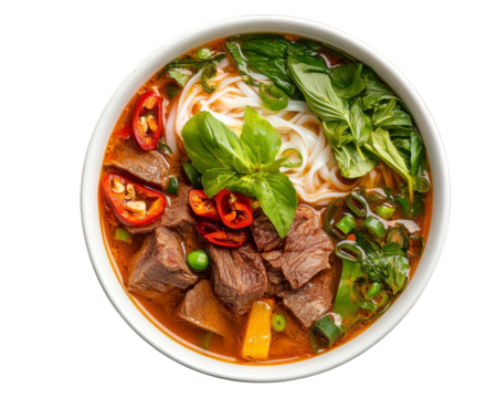 A delicious bowl of authentic vietnamese pho bo with fresh herbs and spices transparent background
