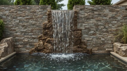 Modern stone wall waterfall cascading into a tranquil pool