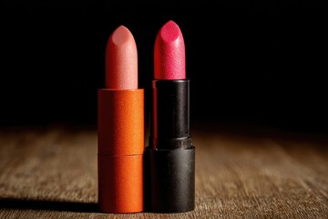 Two lipsticks, one orange, one black, on a wooden surface.  Close-up, dark background