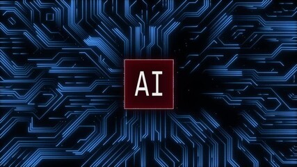 abstract Glowing neon microchip ai icon isolated on black background. Glowing neon technology circuit board with ai text icon 4k video - Powered by Adobe