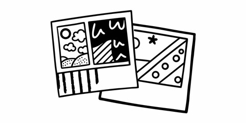 Doodle art photo album with memories and snapshots, black and white drawings of polaroid photos, artwork vector Illustration