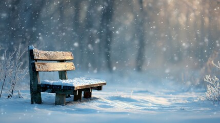 An empty wooden bench stands quietly in a serene winter landscape, surrounded by snow-covered ground and bare trees dusted with frost. Soft snowflakes gently fall, add