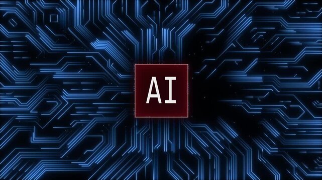 abstract Glowing neon microchip ai icon isolated on black background. Glowing neon technology circuit board with ai text icon 4k video