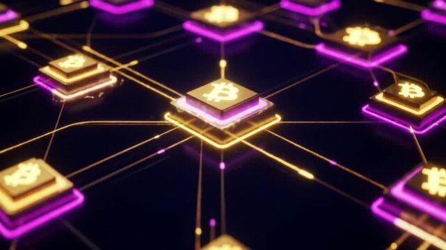 Futuristic digital network showing cryptocurrency chip movement and data processing on a decentralized blockchain system. - Powered by Adobe