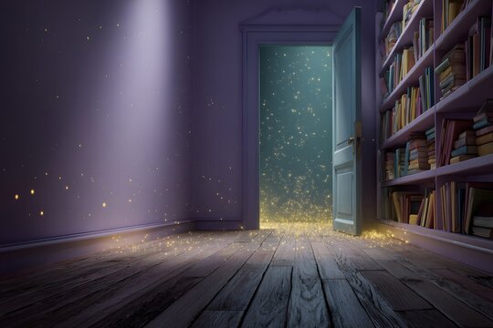 A glowing magical trail leading to an open bookshelf on the right side of a purple room with a starry green sky background