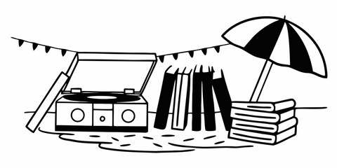 Vintage record player books umbrella beach scene vector illustration summer vacation relaxation music reading sun 100 vector Illustration