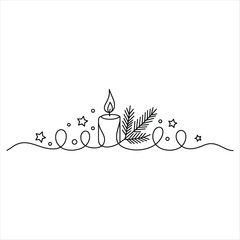 Candle with Flame Fir Branches and Stars Black Line Art