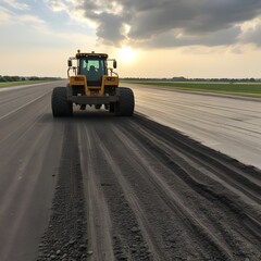 Fototapeta premium Heavy Tractor Smoothing Gravel on Long Road at Sunset.