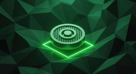 Futuristic Green Digital Coin on Geometric Dark Background