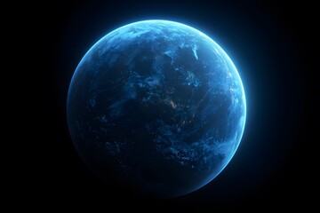 Fototapeta premium A glowing blue Earth against a black background, a space-themed image depicting the planet Earth, 