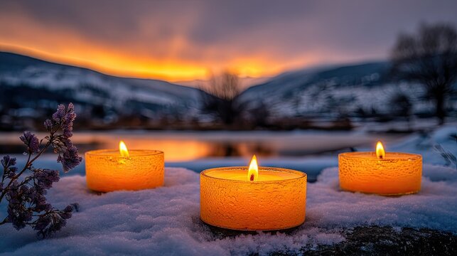 Three candles on snow, serene winter sunset - Powered by Adobe