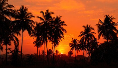 Obraz premium Silhouetted palm trees against a fiery sunset (1)
