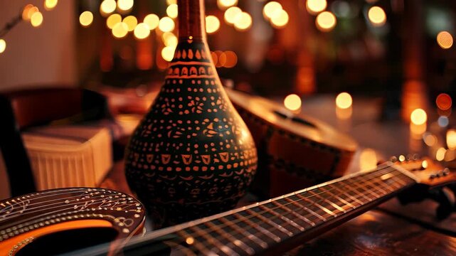 This captivating image showcases a collection of rustic musical instruments illuminated by soft candlelight, creating a warm and inviting atmosphere for gatherings.